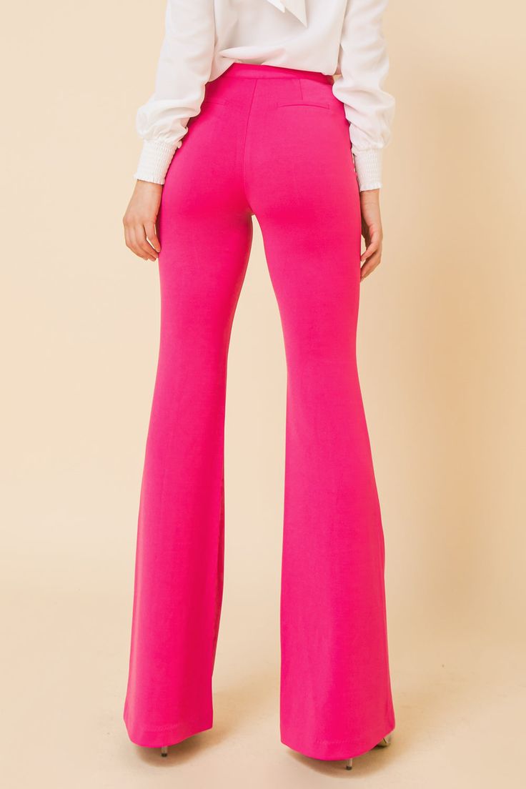 Hight-rise flare pants with center seam. Faux back pockets Details Self: 97% polyester, 3% spandex Imported Size & Fit - Model is 5`8" and wearing size Small - Measurements taken from size Small - Length: 45" Chic Fitted Wide Leg Pants With Flared Hem, Elegant Fitted Wide Leg Pants With Flared Hem, Chic Fitted Flares With Flared Hem, Chic Stretch Bottoms With Flared Hem, Solid Color Stretch Bottoms With Flared Hem, Trendy Fitted Flare Bottoms, Trendy Fitted Bottoms With Flared Hem, Trendy Fitted Flares With Flared Hem, Chic Stretch Flares For Spring