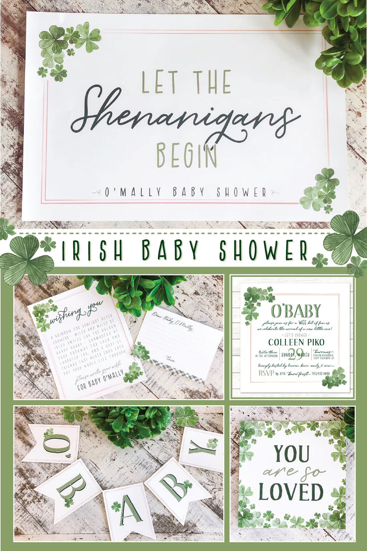 shamrocks o'baby themed baby shower invitation, shenanigans welcome sign irish banner Boy Baby Shower Ideas March, Irish Themed Baby Shower Ideas, St Pattys Day Baby Shower Ideas, St Patrick's Day Baby Shower Ideas, Baby Shower Ideas March, Shamrock Baby Shower Ideas, Irish Baby Shower Ideas, Baby Shower Themes March, Lucky Charm Baby Shower Ideas