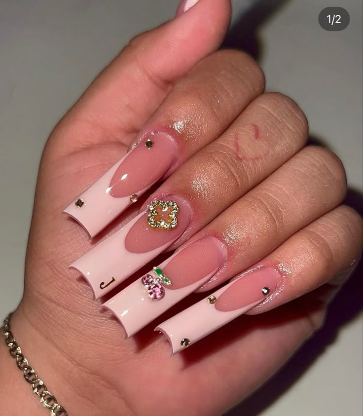 Pink Valentines Nails With Initials, Letter Charms On Nails, Pink Nails With J Initial, Letter Initial Nail Ideas, Nails With Intials, Long Nails With Initials, Nails With Letter J On It, Nail Sets With Initial, Long Acrylic Nails With Initials