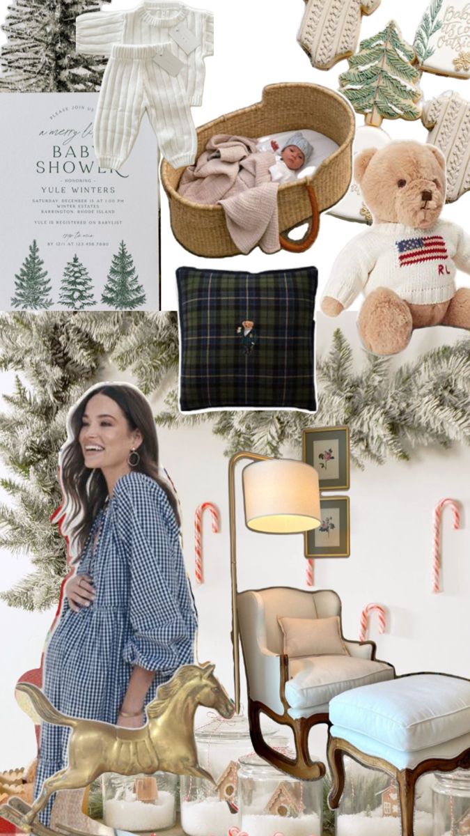 a woman standing next to a baby in a crib surrounded by christmas decorations and teddy bears