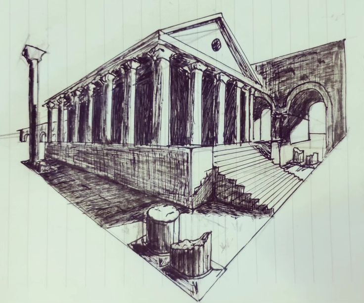 a drawing of a building with columns and steps