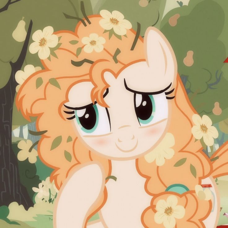 a pink pony with flowers on its head and eyes, standing in front of trees