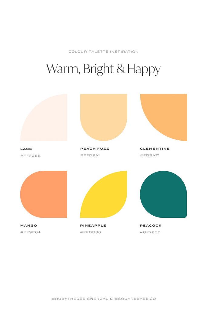 the color scheme for warm, bright and happy is shown in different shades on white paper