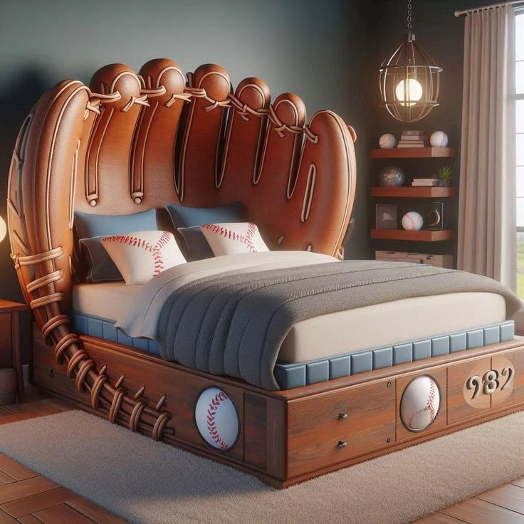 a baseball themed bed in a room with wood floors