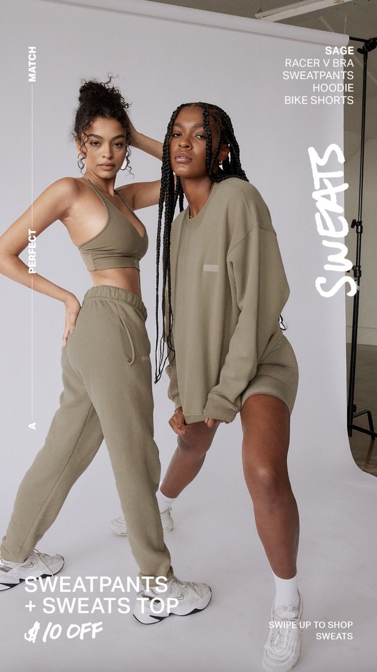 two women standing next to each other in front of a white background with the words sweatpants and sweats for $ 10 off