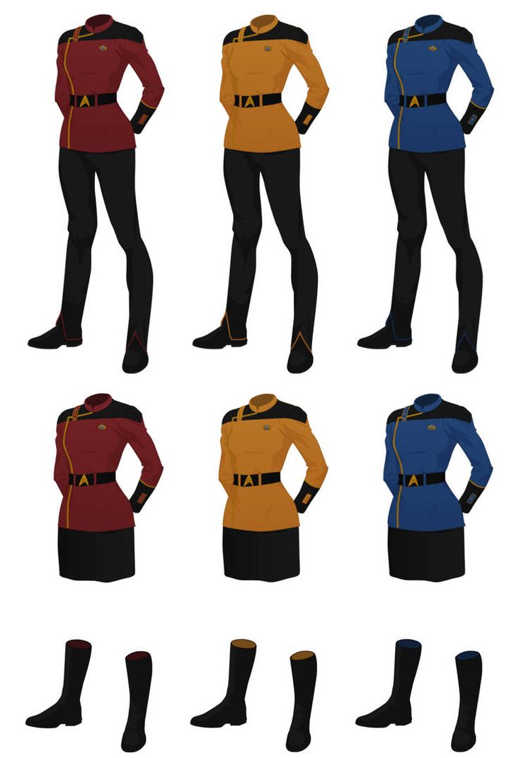 six different types of women's uniforms in various colors and sizes, all with boots on