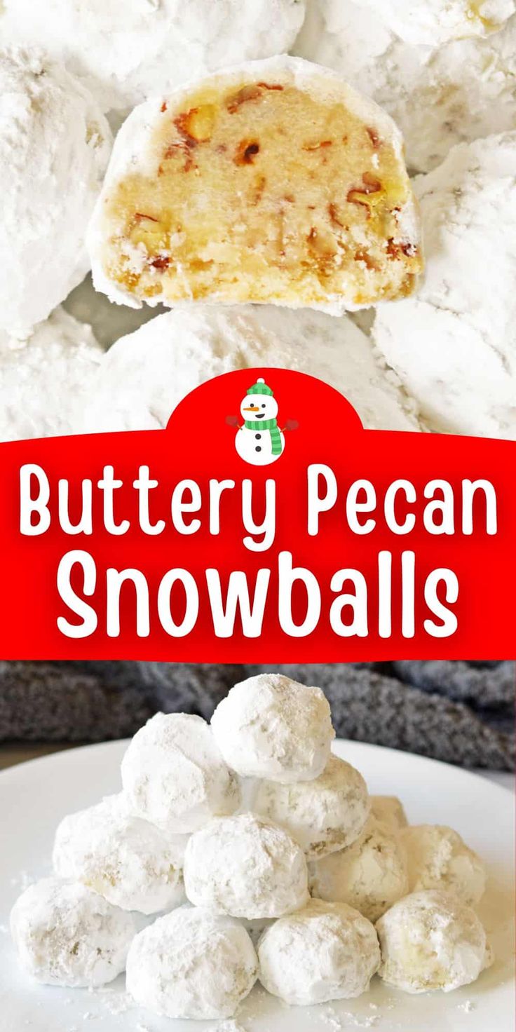 a white plate topped with snowballs covered in buttery pecan