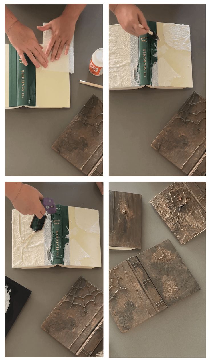 four pictures showing how to paint the inside of a book with metallic foil on it