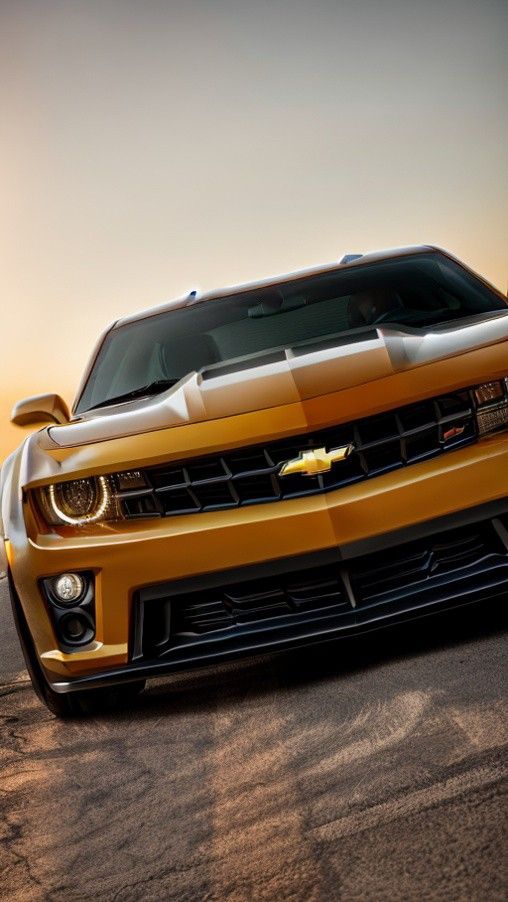 the front end of a yellow chevrolet camaro parked on a desert road at sunset