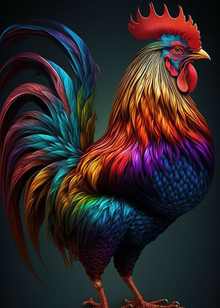 the colorful rooster is standing on its hind legs