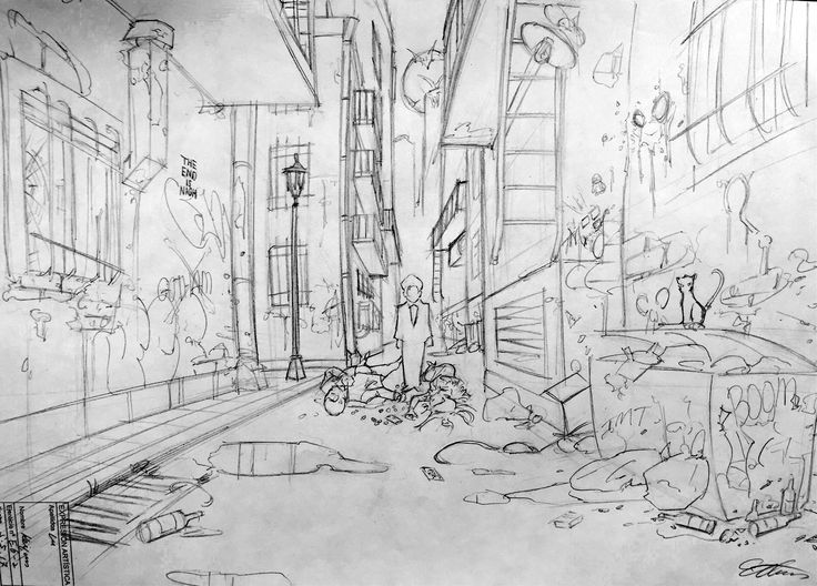 a drawing of a messy room with furniture and trash on the floor in front of it