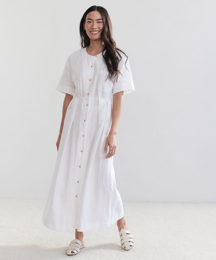 Day Dress WhiteIn soft linen with a lived-in feel, the Day Dress brings a vintage-inspired refinement to your most casual days.100% linen.Made in China. Linen Midi Dress For Daytime In Spring, Classic Linen Shirt Dress For Day Out, Daytime Linen Midi Dress, Linen Midi Dress For Daytime, Classic Linen Shirt Dress For Daywear, Chic Linen Shirt Dress For Daywear, Linen Midi Dress For Daywear, Classic Linen Midi Shirt Dress, Relaxed Fit Midi Linen Dress For Daywear