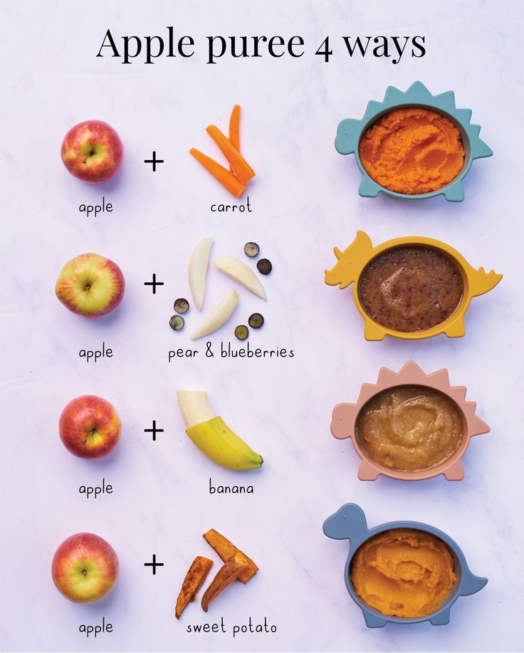 apples, carrots, and other foods are arranged on a white surface with the words apple puree 4 ways