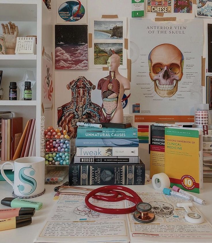 there are many books on the desk with pictures and other items around it, including a skull