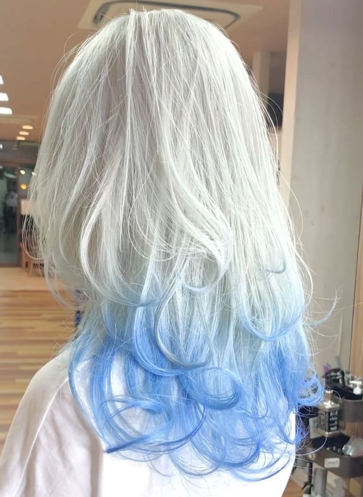 Blue White Hair Color, Fox Color Hair Tips, White Hair With Dyed Tips, White Hair Colored Tips, White Hair Blue Highlights, White Blue Hair Color, White Hair With Colored Tips, White And Blue Hair Color, White Hair With Color