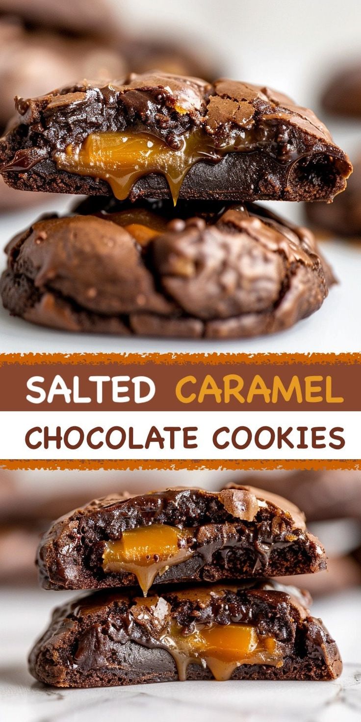 salted caramel chocolate cookies are stacked on top of each other with the words salted caramel above them