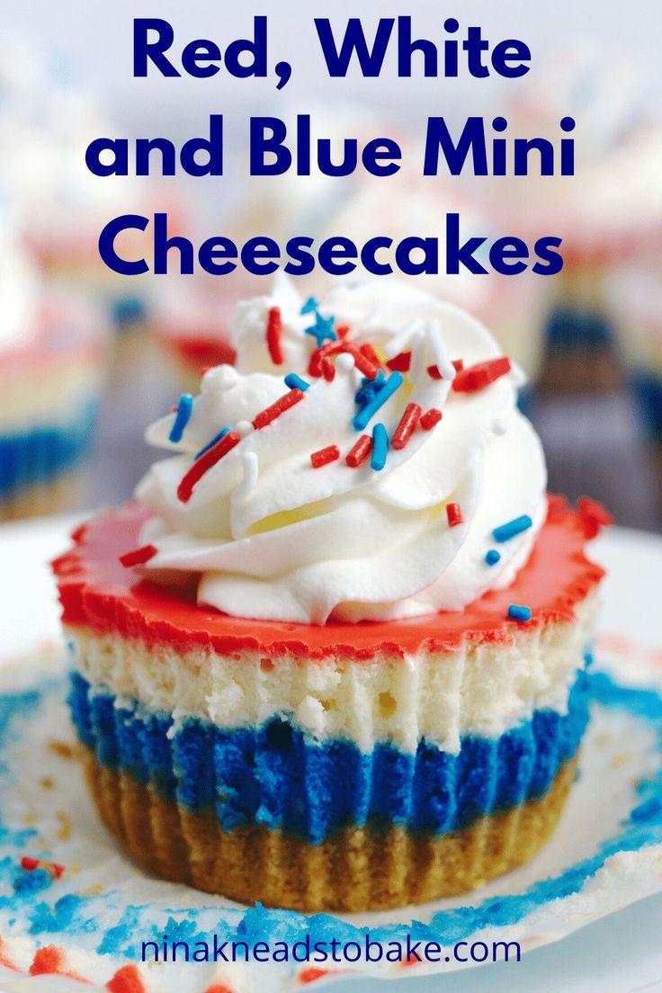 red, white and blue mini cheesecakes on a plate