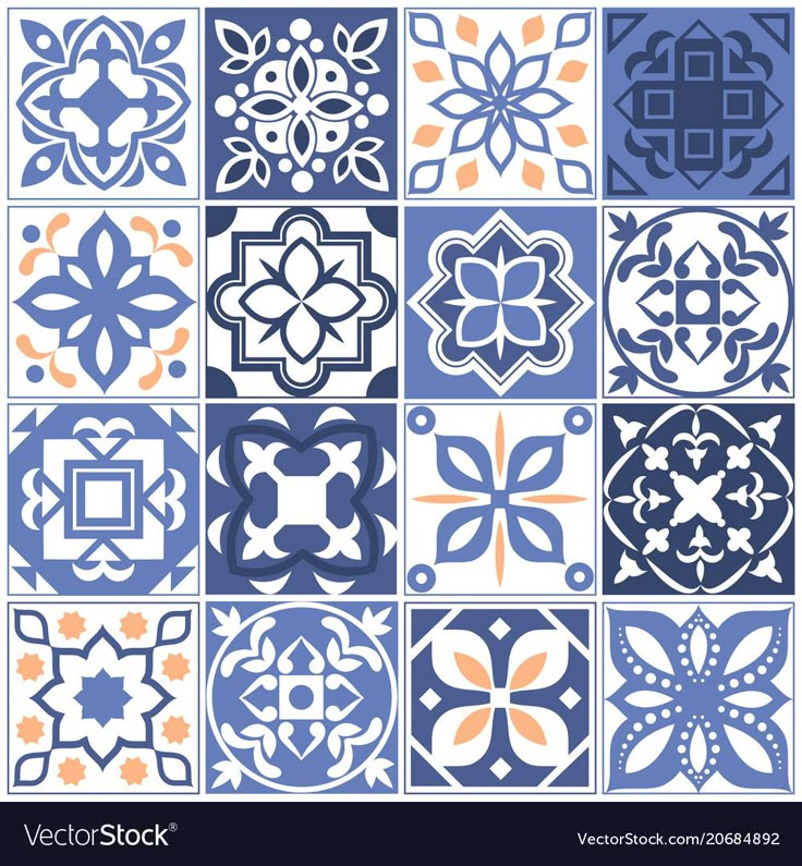 an assortment of decorative tiles in blue and orange