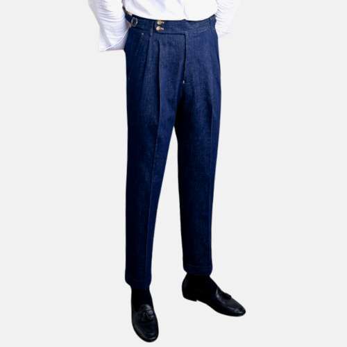 Classic Blue Jeans With Belt Loops, Elegant Straight Leg Jeans With Pockets, Elegant Denim Bottoms For Workwear, Elegant High Waist Jeans For Work, Classic Blue Wide Leg Jeans, Blue Business Bottoms With Pressed Crease, Blue Bottoms With Pressed Crease For Business, Workwear Denim Blue Pants With Welt Pockets, Denim Blue Pants With Welt Pockets For Work