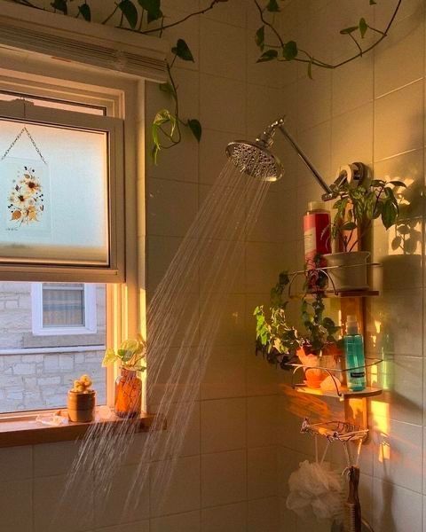 a shower head with water flowing from it in a bathroom next to a window and potted plants