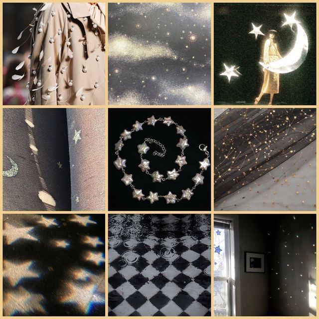 the collage shows many different images with stars and moon designs on them, including black and white checkered flooring