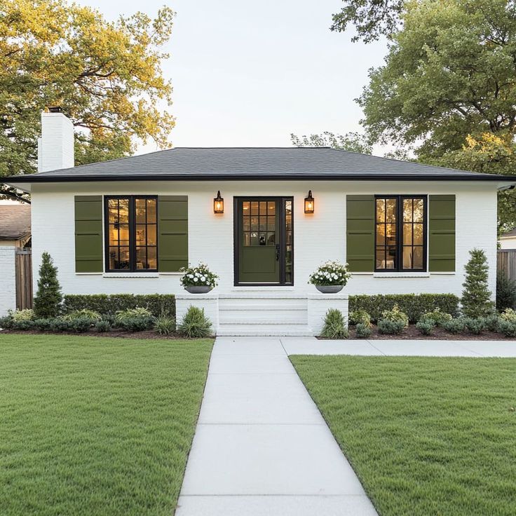 a white house with green shutters on the front door and windows in the side