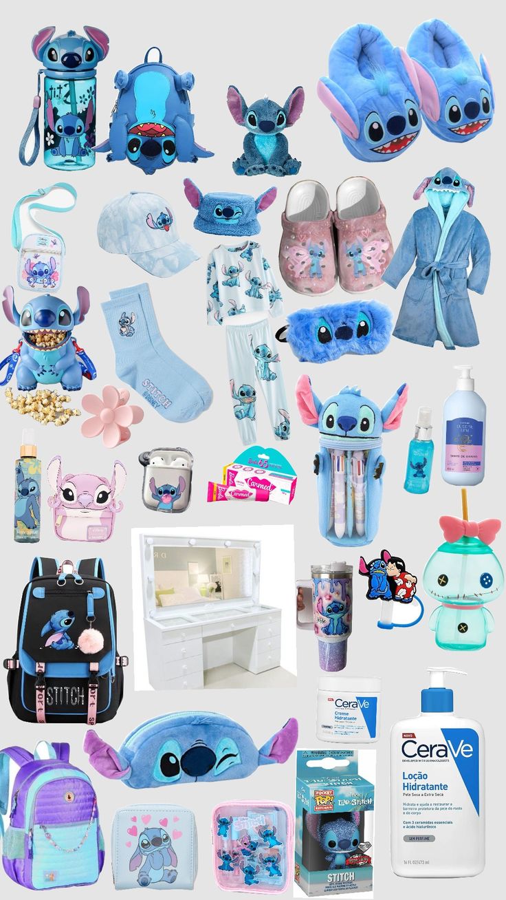 various items are arranged in the shape of a collage with blue and pink colors