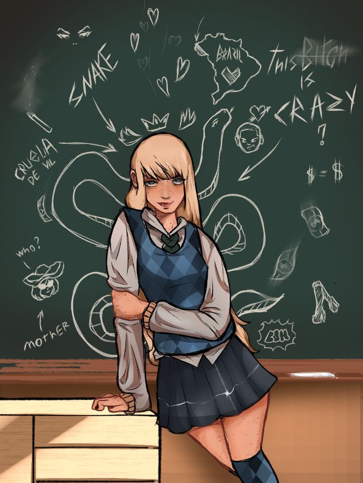 a girl standing in front of a chalkboard with writing on it and wearing a school uniform