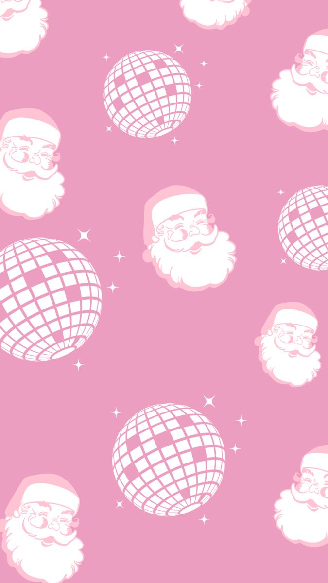 a pink wallpaper with santa claus and disco balls in the middle, on a pink background