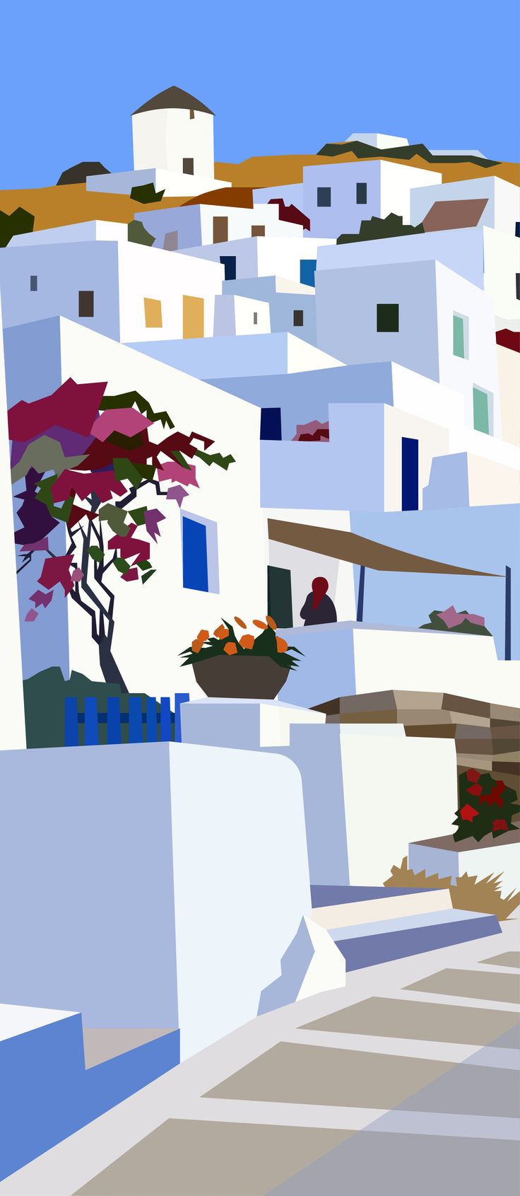 an abstract painting of white houses and trees