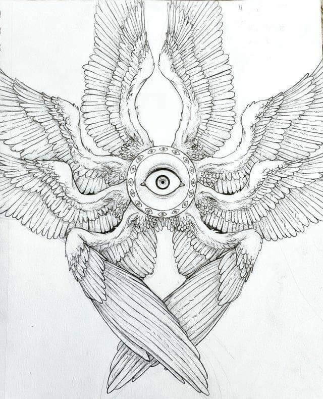 a drawing of a bird with wings and an eye on it's back side