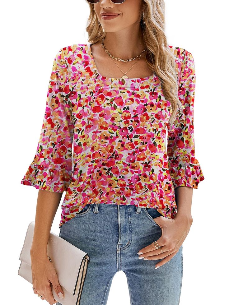 PRICES MAY VARY. [Material]: Poetsky Womens 3/4 sleeve tops and blouses are Soft and stretchy, breathable, comfortable to wear, not see throught, not clingy. [Features]: Classic Square neck shirts for women, 3/4 Ruffle sleeves womens tops, Solid Color and Pretty Floral Print Style, Loose Casual Tunic Tops, Long enough flowy hem to hide belly and hips, all year around cute tops. [Match]: This 3/4 Sleeve T Shirt is basic and stylish, can match with jeans, leggings, shorts, skirts and sweatpants; I V Neck Shirts, Fitted Tunic, Womens Tops Dressy, Ruffled Tunic, Tunic Tops Casual, Tops And Blouses, Tops Casual, Ruffled Sleeve Top, Loose Shirts