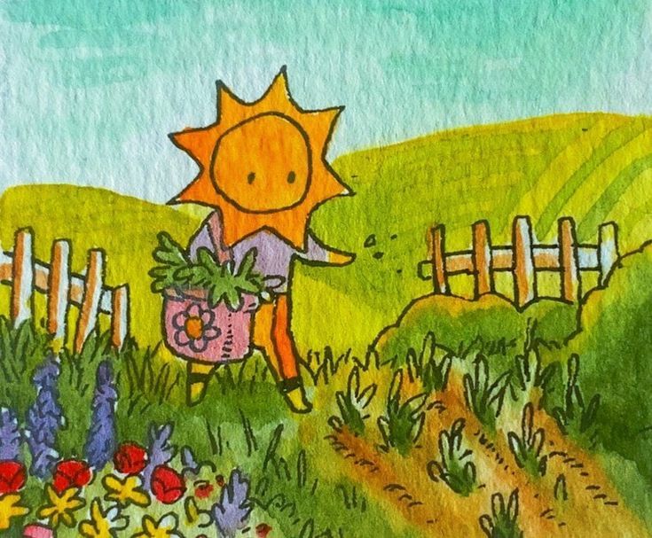 a drawing of a person holding a potted plant in the grass near a fence