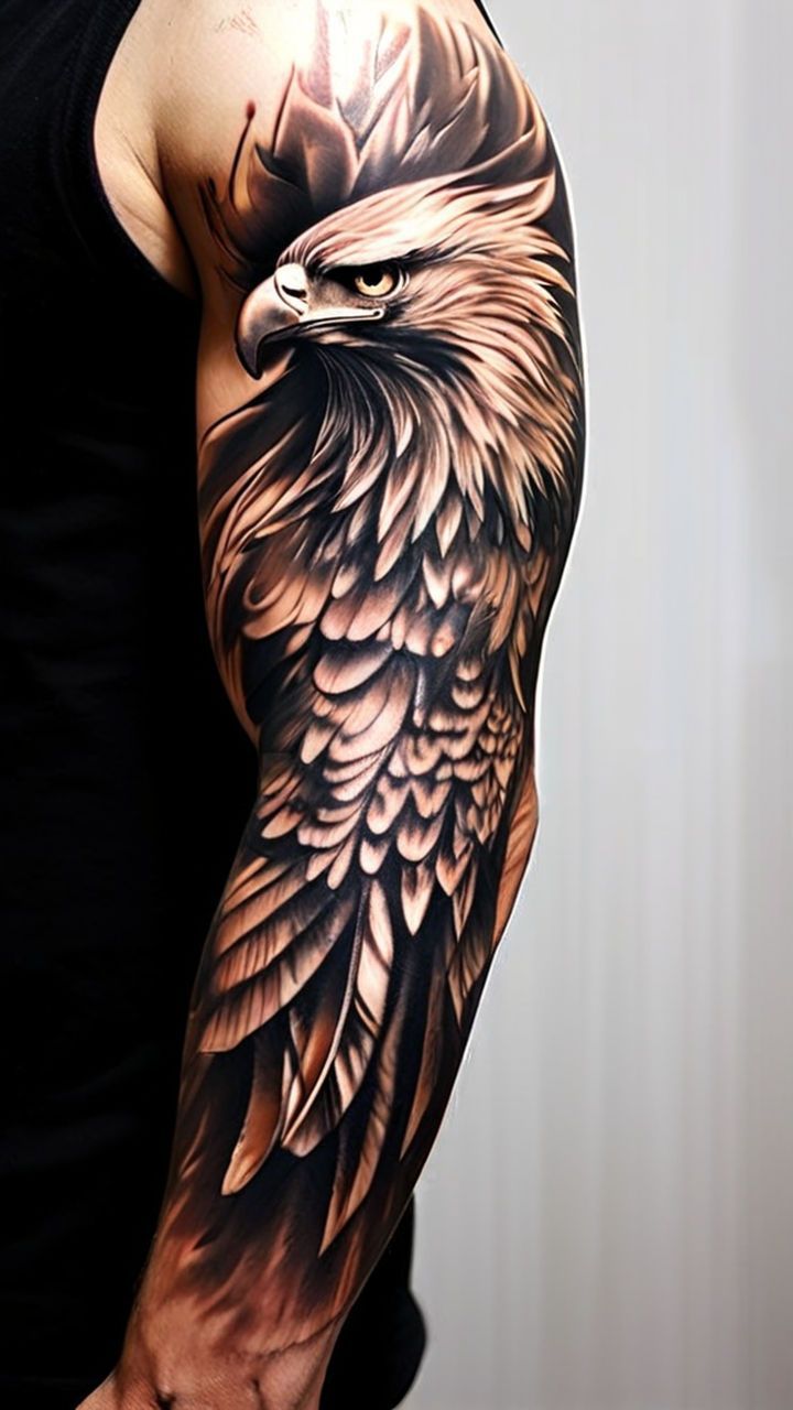 an eagle tattoo is shown on the arm and shoulder, while it has been painted with black