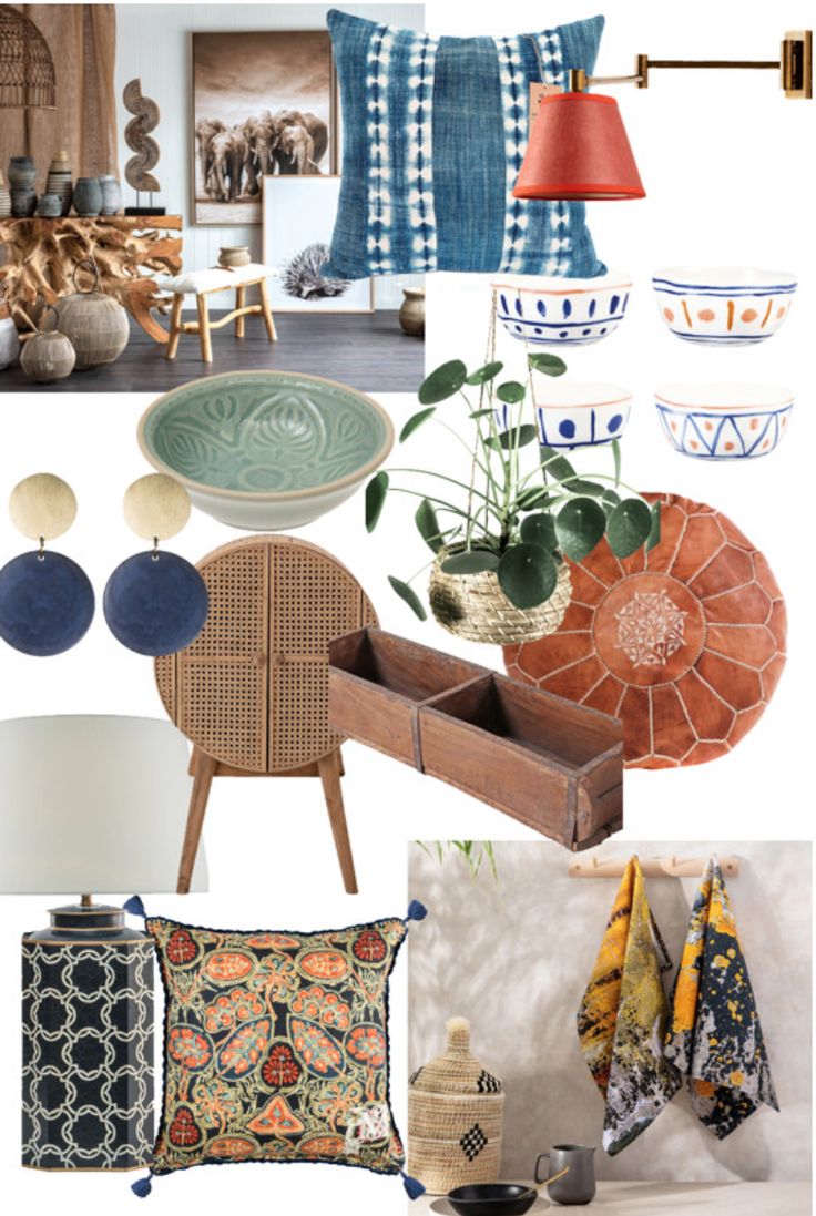 a collage of different items including lamps, pillows and rugs in various colors