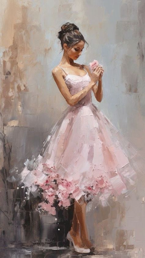 a painting of a woman in a pink dress holding a flower and looking down at the ground