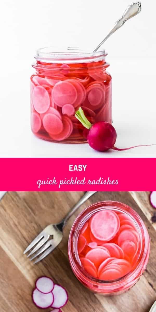 a jar filled with pickled radishes on top of a wooden cutting board