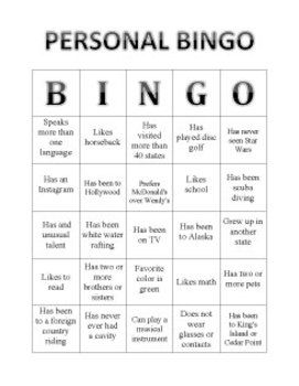 a printable game with the words, personal bingo and other things to play on it