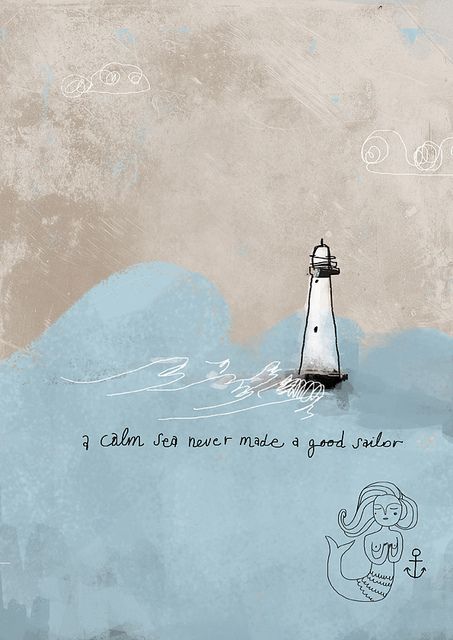 a drawing of a light house in the middle of water with an anchor on it