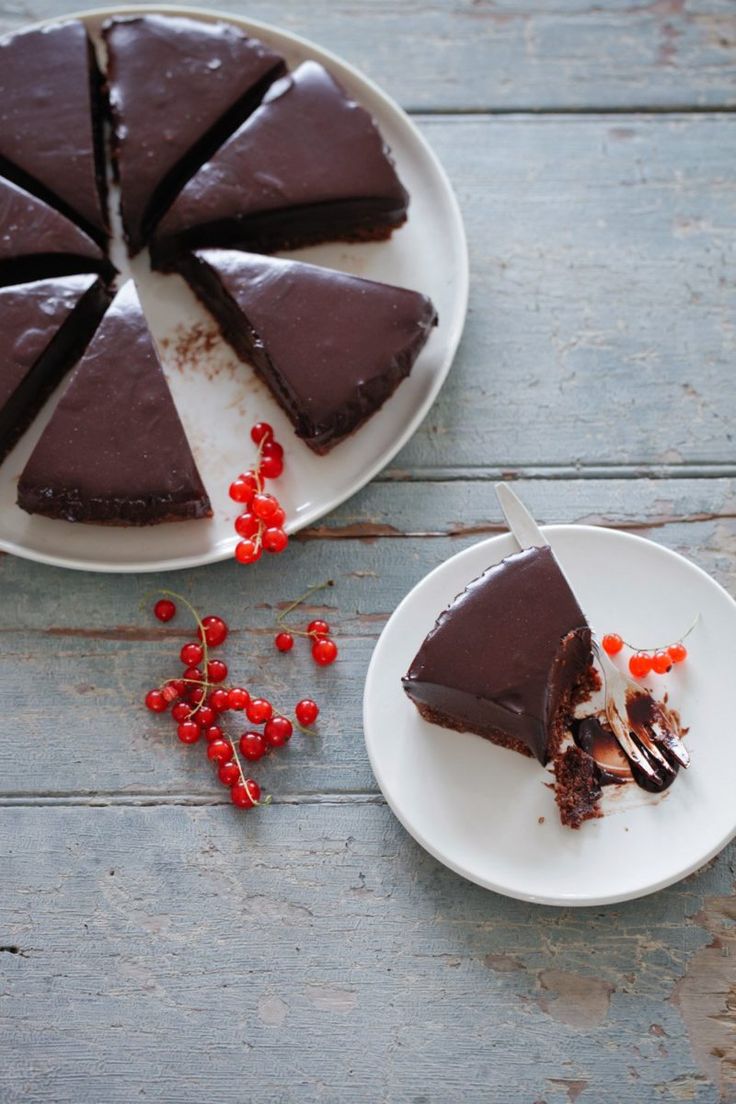 there is a piece of chocolate cake on the plate and one slice has been eaten