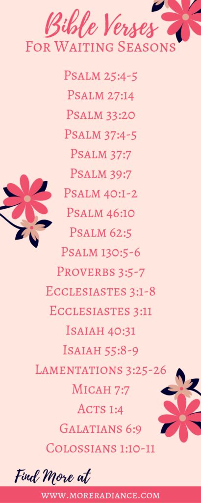 the bible verses for waiting season with pink flowers and black leaves on a pink background