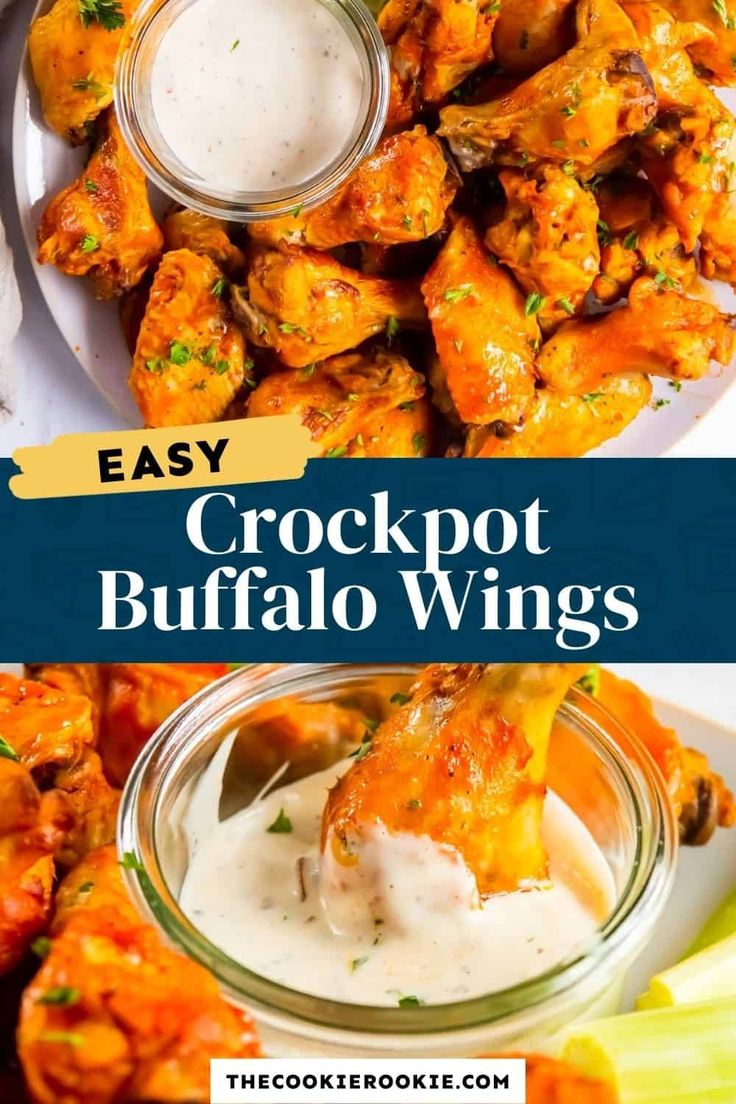 crockpot buffalo wings with ranch dressing in the middle and an easy recipe on the side