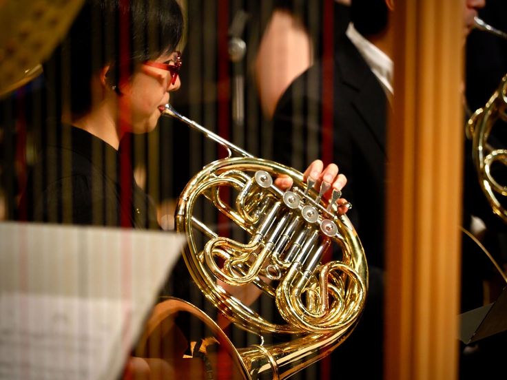 a woman playing a french horn in front of other people with musical instruments behind her