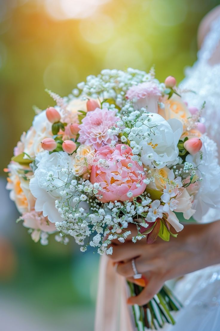 a bride holding a bouquet of white and pink flowers