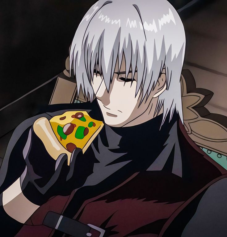 an anime character with white hair holding a slice of pizza in one hand and looking at the camera