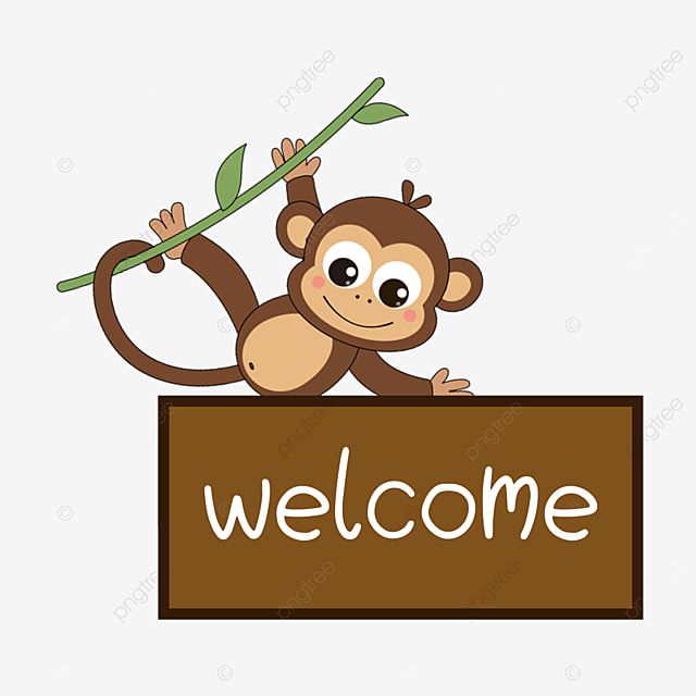 a cartoon monkey hanging from a welcome sign