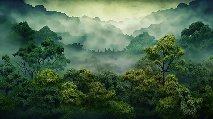 a painting of trees in the middle of a forest filled with fog and mists