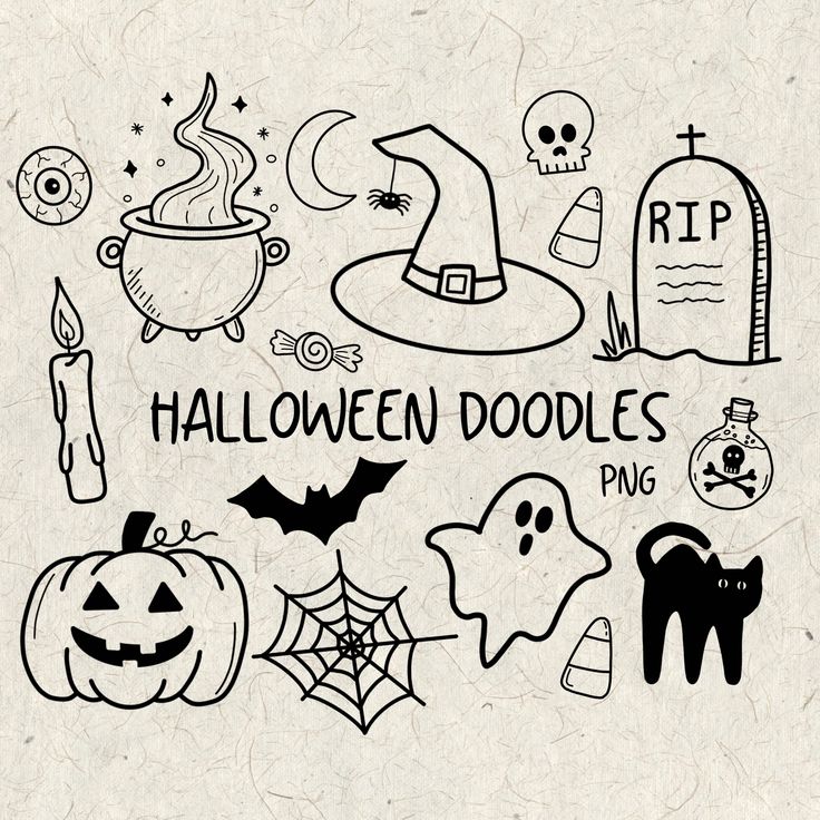 halloween doodles with pumpkins, bats and ghost heads on them are drawn in black ink