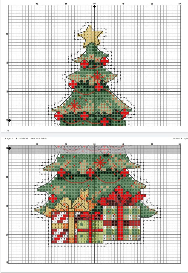 two cross stitch christmas trees with presents on them, one is green and the other is red