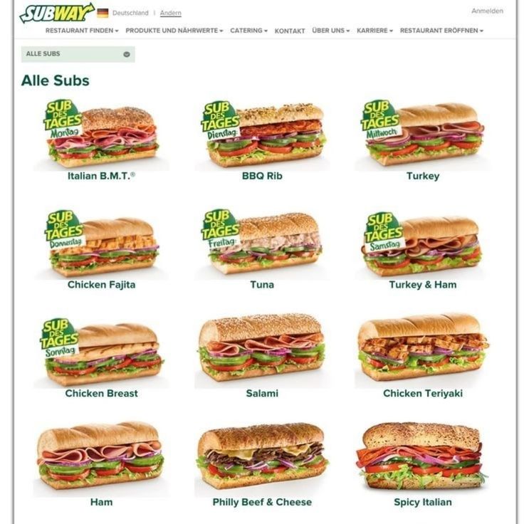 the menu for subway's all subs is shown in this screenshote